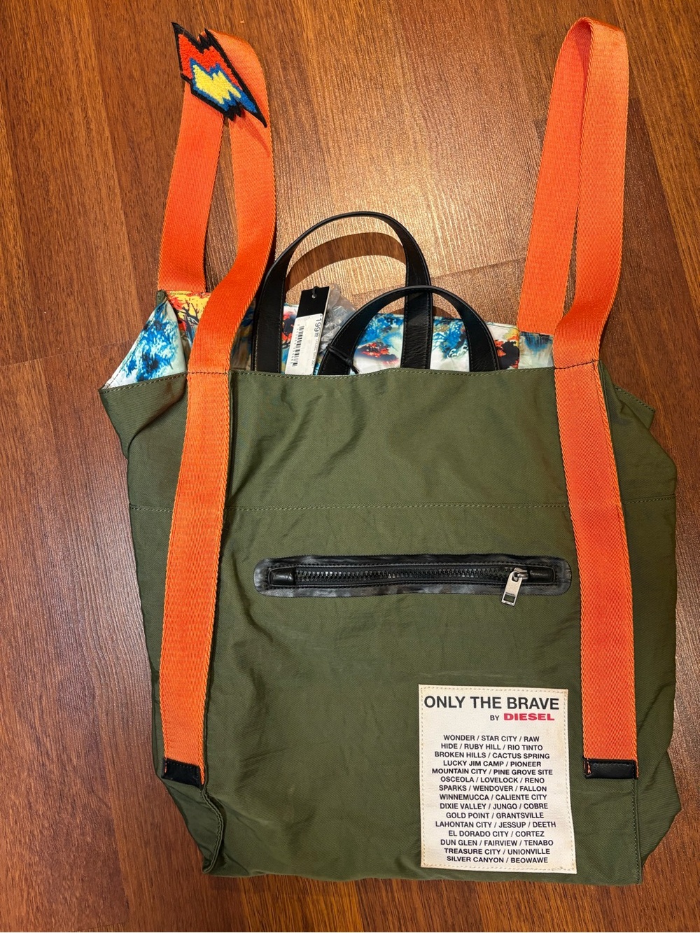 Diesel brand new olive Canvas Backpack with Orange Straps and Patterned Linin